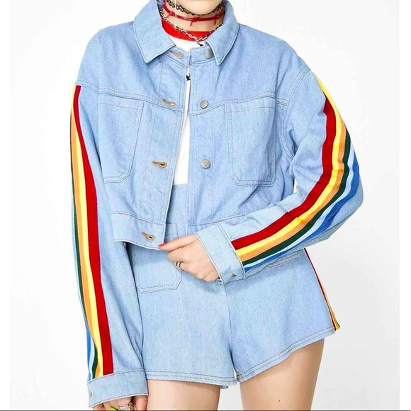 Jackets & Blazers - PRICE DROP Rainbow Sleeve Cropped Light Denim Jacket